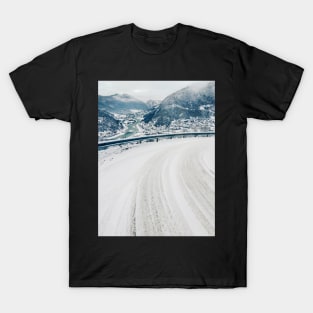 Wintertime in Norway - View on White Valley From Snow-Covered Mountain Road T-Shirt